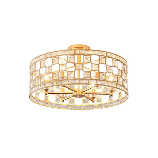 Gold Metal and Crystal Semi Flush Ceiling Light with 3/4/6 Lights, Modern Drum Design in 3 Sizes