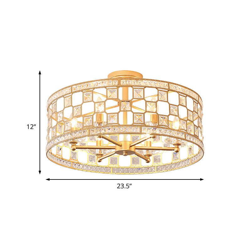 Gold Metal and Crystal Semi Flush Ceiling Light with 3/4/6 Lights, Modern Drum Design in 3 Sizes