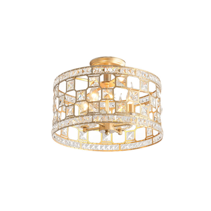 Gold Metal and Crystal Semi Flush Ceiling Light with 3/4/6 Lights, Modern Drum Design in 3 Sizes