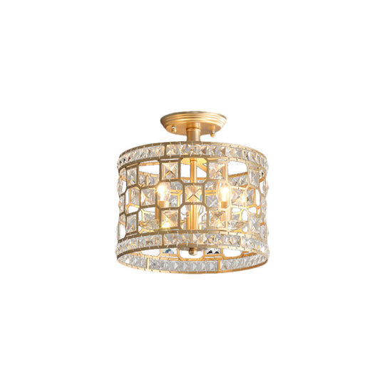 Gold Metal and Crystal Semi Flush Ceiling Light with 3/4/6 Lights, Modern Drum Design in 3 Sizes