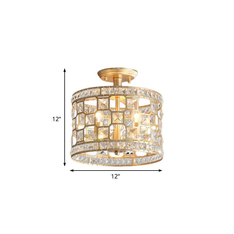 Gold Metal and Crystal Semi Flush Ceiling Light with 3/4/6 Lights, Modern Drum Design in 3 Sizes