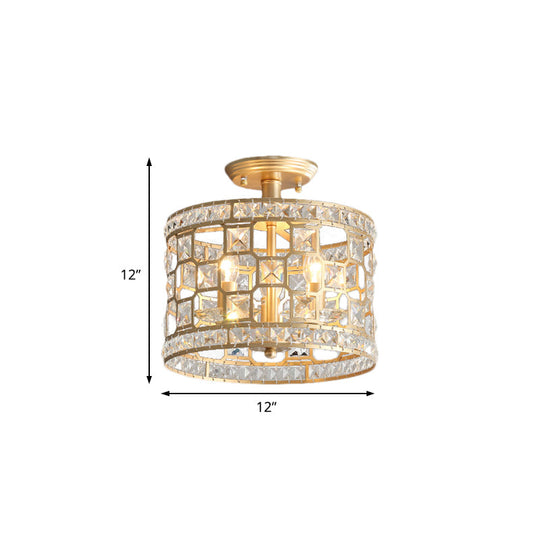 Gold Metal and Crystal Semi Flush Ceiling Light with 3/4/6 Lights, Modern Drum Design in 3 Sizes