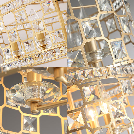 Gold Metal and Crystal Semi Flush Ceiling Light with 3/4/6 Lights, Modern Drum Design in 3 Sizes