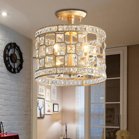 Gold Metal and Crystal Semi Flush Ceiling Light with 3/4/6 Lights, Modern Drum Design in 3 Sizes