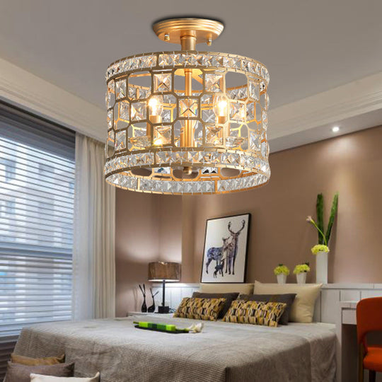 Gold Metal and Crystal Semi Flush Ceiling Light with 3/4/6 Lights, Modern Drum Design in 3 Sizes