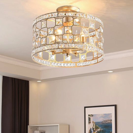 Gold Metal and Crystal Semi Flush Ceiling Light with 3/4/6 Lights, Modern Drum Design in 3 Sizes