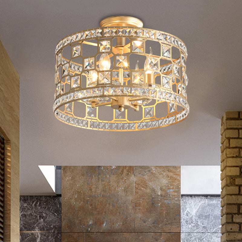 Gold Metal and Crystal Semi Flush Ceiling Light with 3/4/6 Lights, Modern Drum Design in 3 Sizes