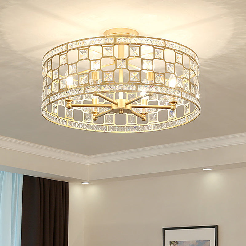 Gold Metal and Crystal Semi Flush Ceiling Light with 3/4/6 Lights, Modern Drum Design in 3 Sizes