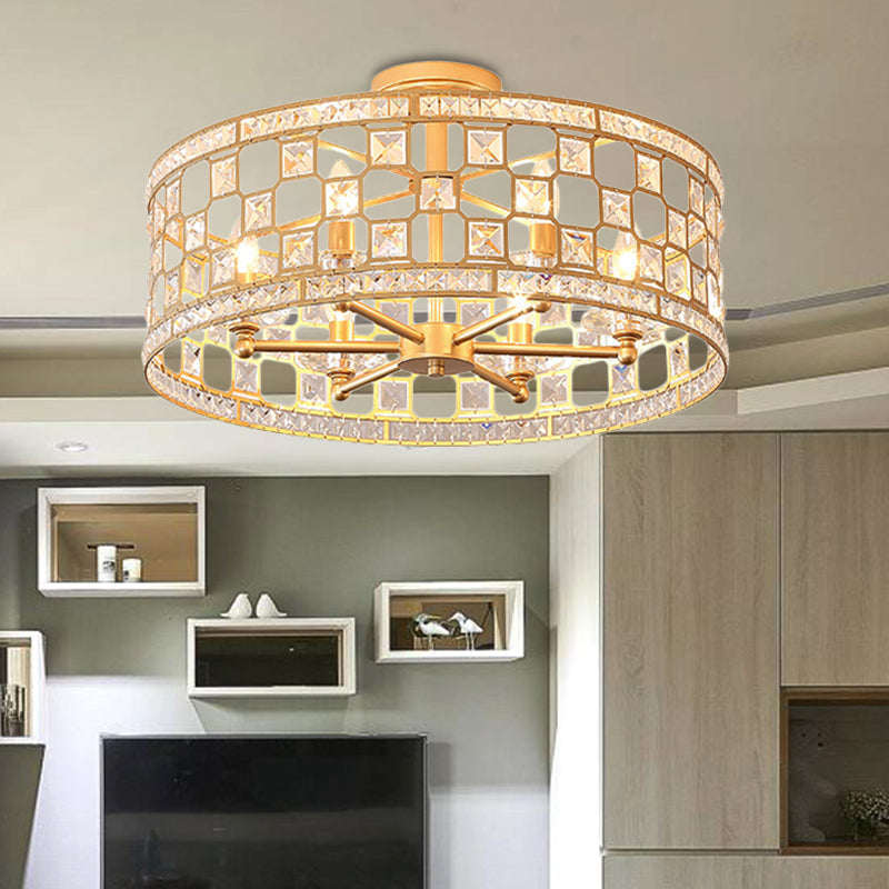 Gold Metal and Crystal Semi Flush Ceiling Light with 3/4/6 Lights, Modern Drum Design in 3 Sizes