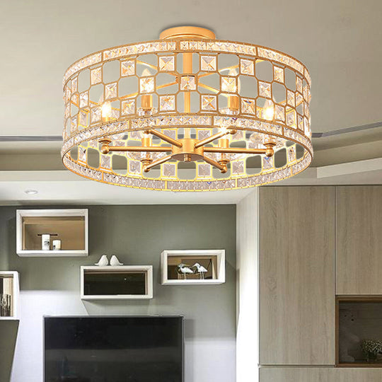 Gold Metal And Crystal Semi Flush Ceiling Light With 3/4/6 Lights Modern Drum Design In 3 Sizes /