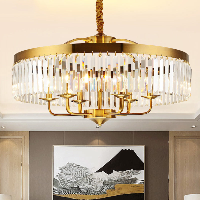 Modern Brass Chandelier Light With Crystal Block Shade - 8-Light Drum Pendant For Living Room