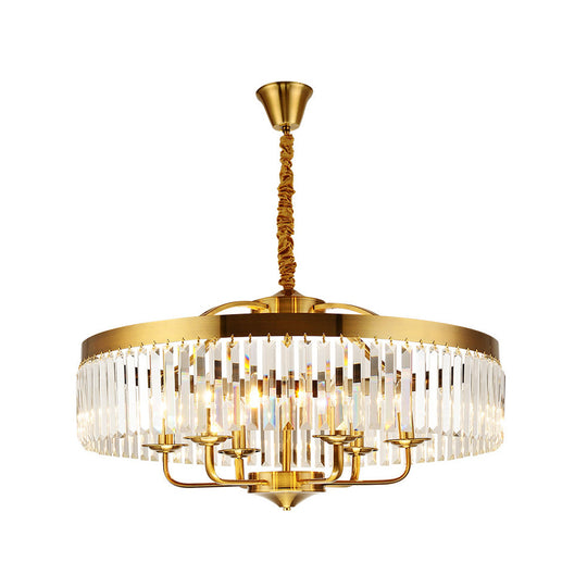 Modern Brass Chandelier Light With Crystal Block Shade - 8-Light Drum Pendant For Living Room