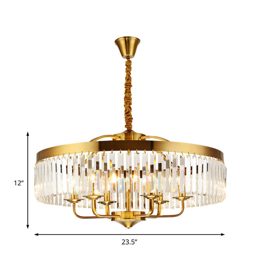 Modern Brass Chandelier Light With Crystal Block Shade - 8-Light Drum Pendant For Living Room