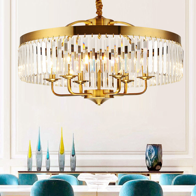 Modern Brass Chandelier Light With Crystal Block Shade - 8-Light Drum Pendant For Living Room