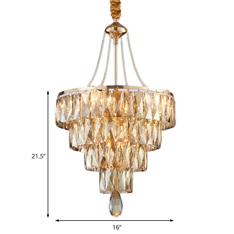 Modern Gold 4-Tier Crystal Block Chandelier With 6 Hanging Lights For Hallway