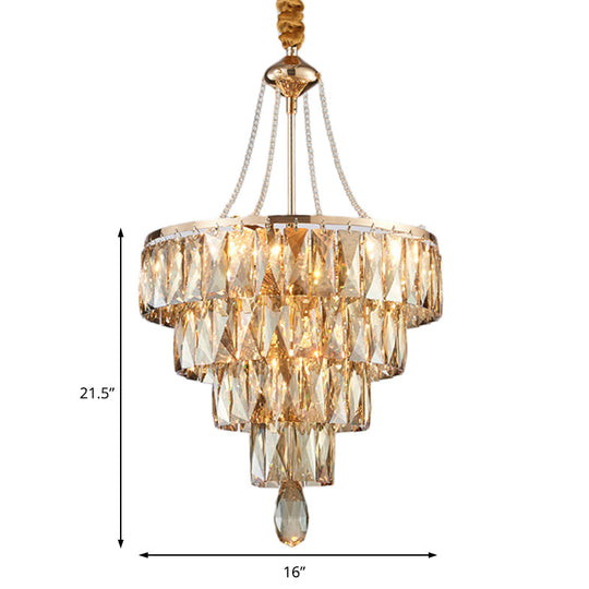 Modern Gold 4-Tier Crystal Block Chandelier With 6 Hanging Lights For Hallway