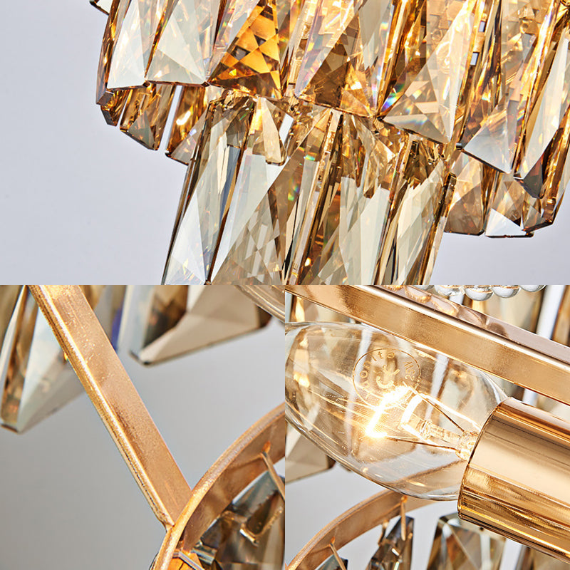 Modern Gold 4-Tier Crystal Block Chandelier With 6 Hanging Lights For Hallway