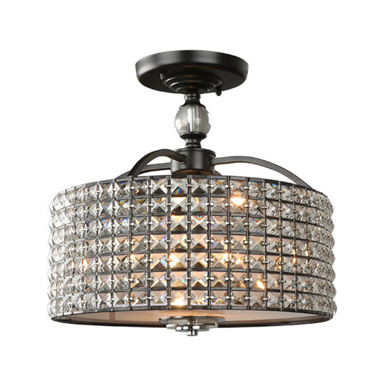 Contemporary Crystal Drum Ceiling Fixture - 3 Lights - Chrome/Black Semi Flush Mount