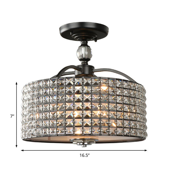 Contemporary Crystal Drum Ceiling Fixture - 3 Lights - Chrome/Black Semi Flush Mount