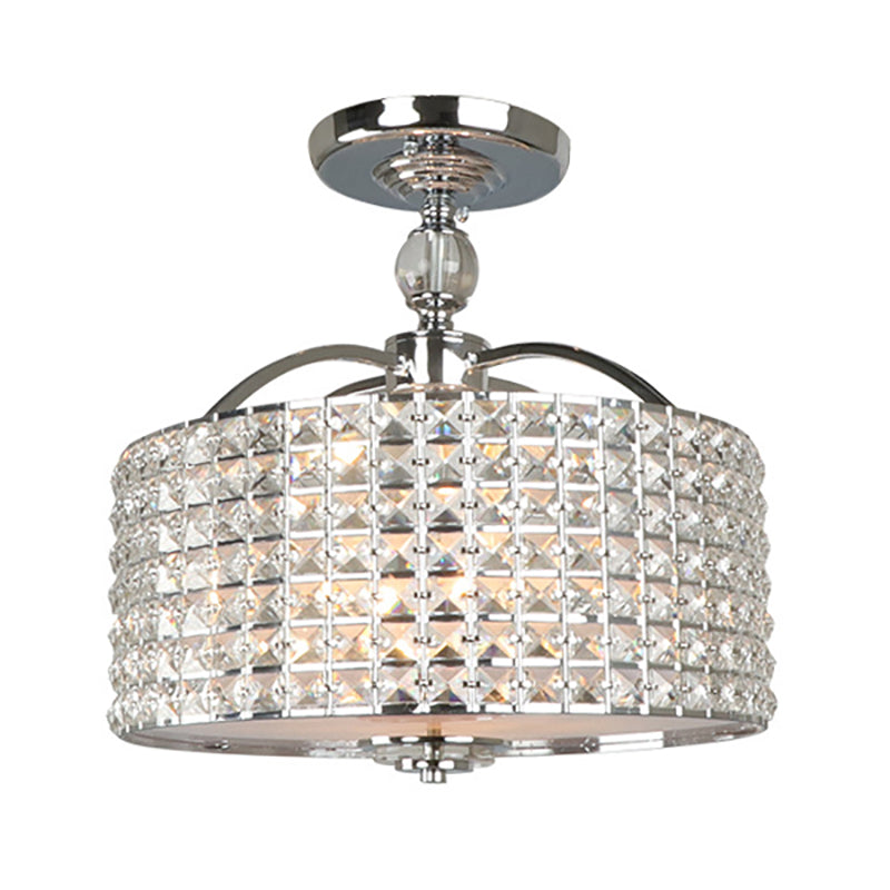 Contemporary Crystal Drum Ceiling Fixture - 3 Lights - Chrome/Black Semi Flush Mount