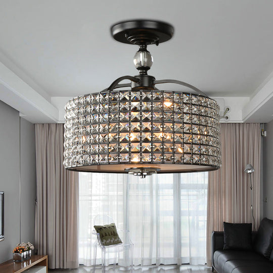 Contemporary Crystal Drum Ceiling Fixture - 3 Lights - Chrome/Black Semi Flush Mount