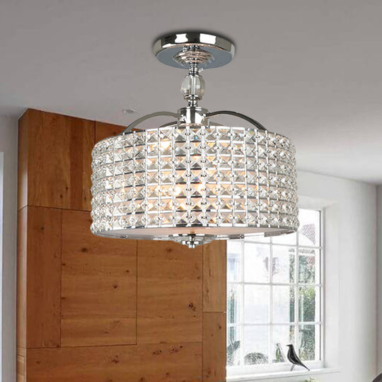 Contemporary Crystal Drum Ceiling Fixture - 3 Lights - Chrome/Black Semi Flush Mount