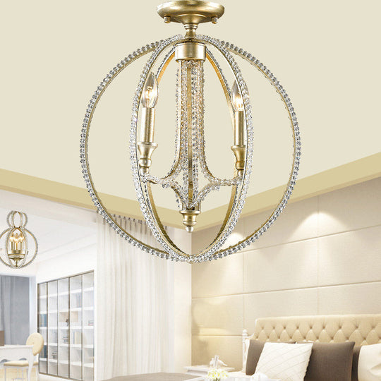 Modern Metal and Crystal Gold Semi Flush Mount Ceiling Light with 3 Orb Frame Lights