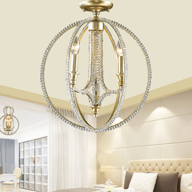 Modern Metal And Crystal Gold Semi Flush Mount Ceiling Light With 3 Orb Frame Lights