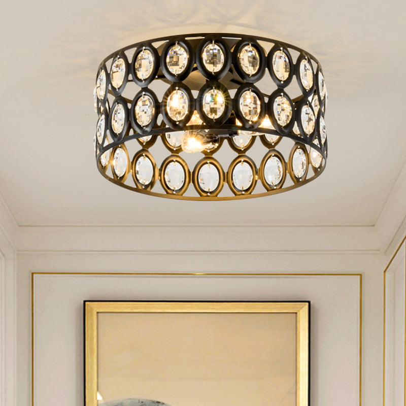 Contemporary 3-Light Metal and Crystal Flush Mount Ceiling Light (Black Cylinder Design)