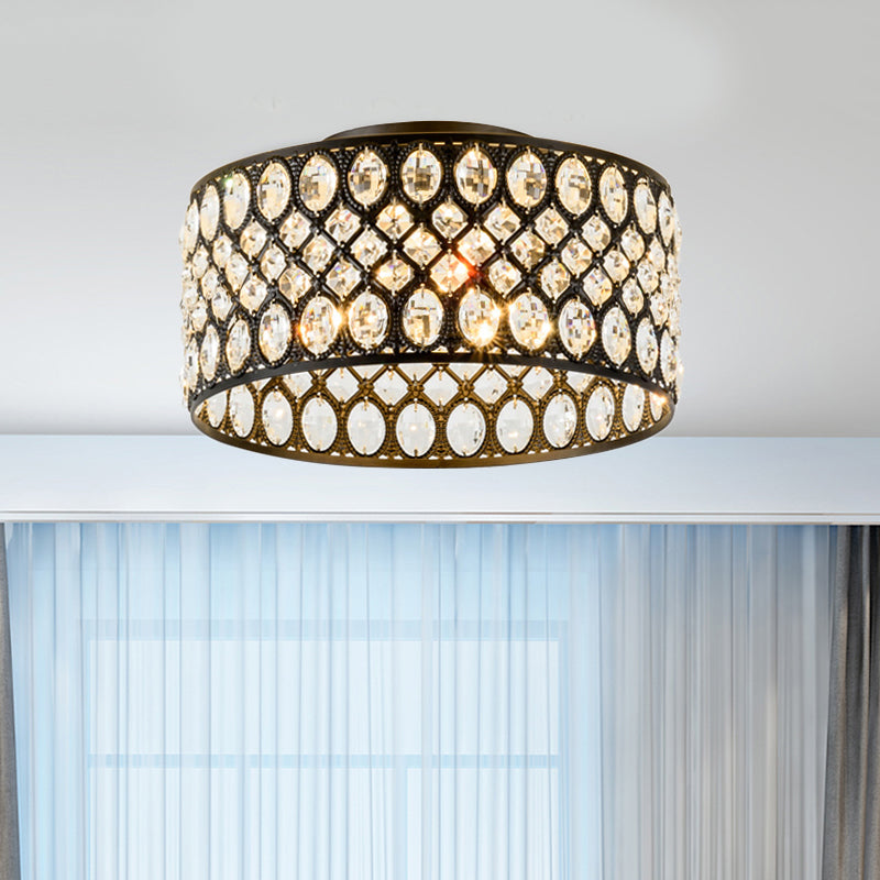 Contemporary 3-Light Metal and Crystal Flush Mount Ceiling Light (Black Cylinder Design)