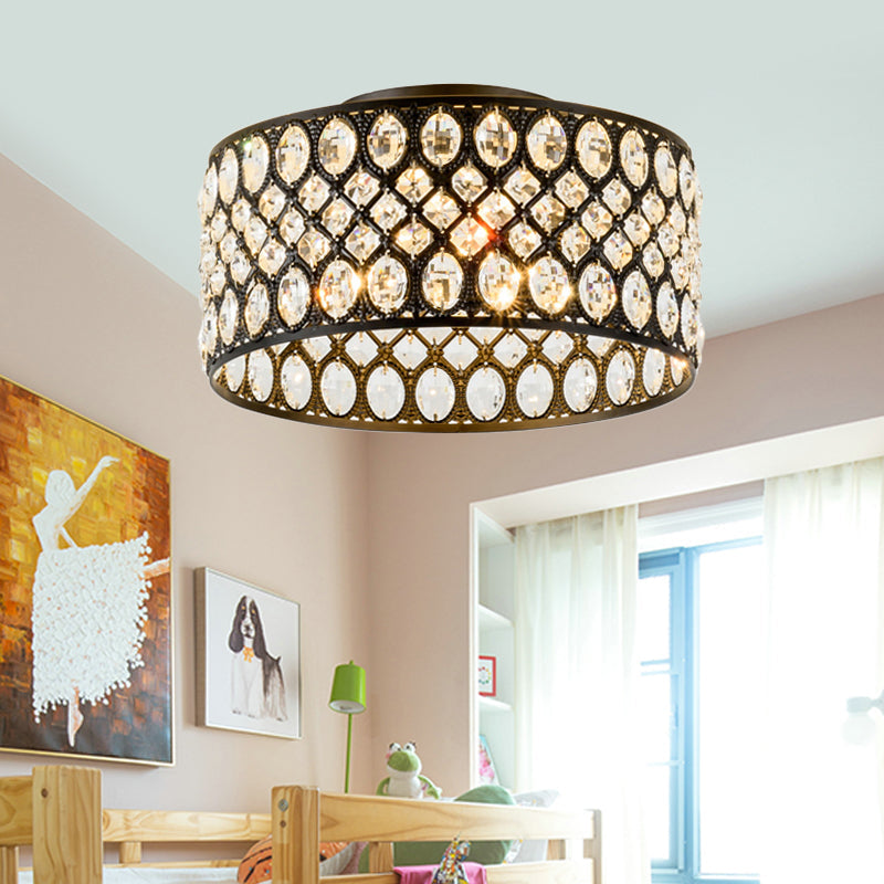 Contemporary 3-Light Metal and Crystal Flush Mount Ceiling Light (Black Cylinder Design)