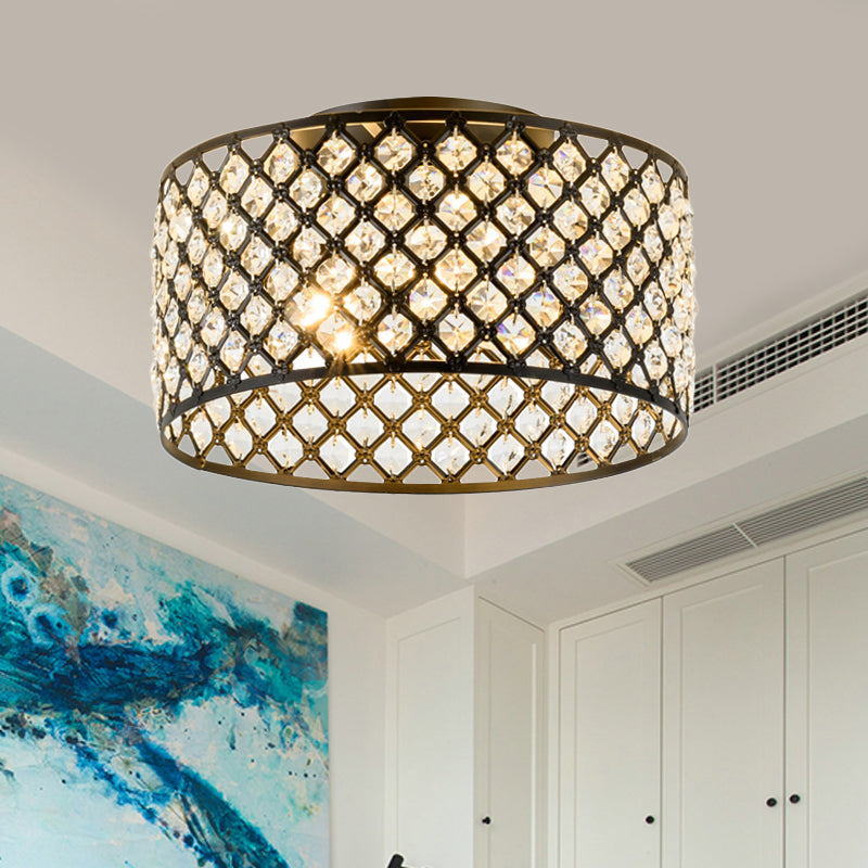 Contemporary 3-Light Metal and Crystal Flush Mount Ceiling Light (Black Cylinder Design)