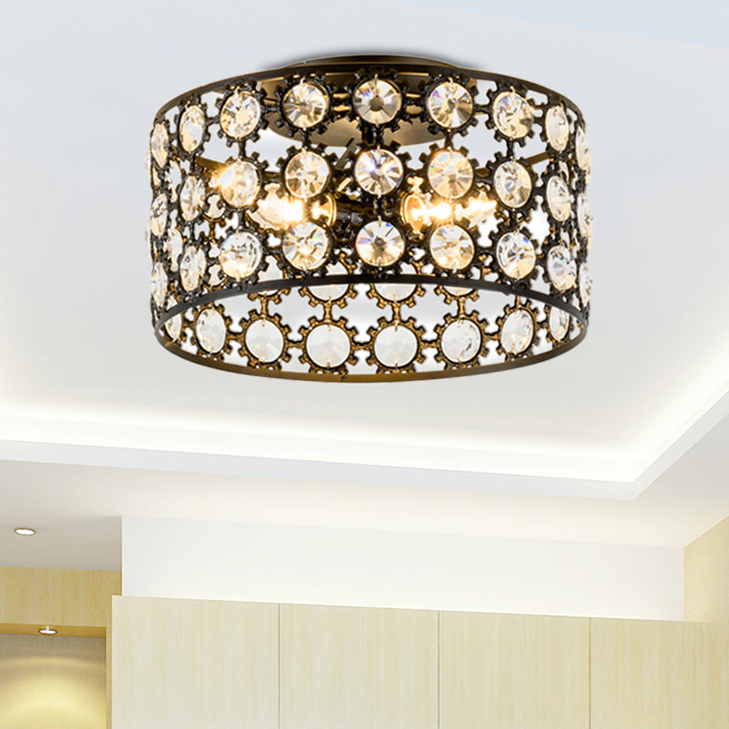 Contemporary 3-Light Metal and Crystal Flush Mount Ceiling Light (Black Cylinder Design)