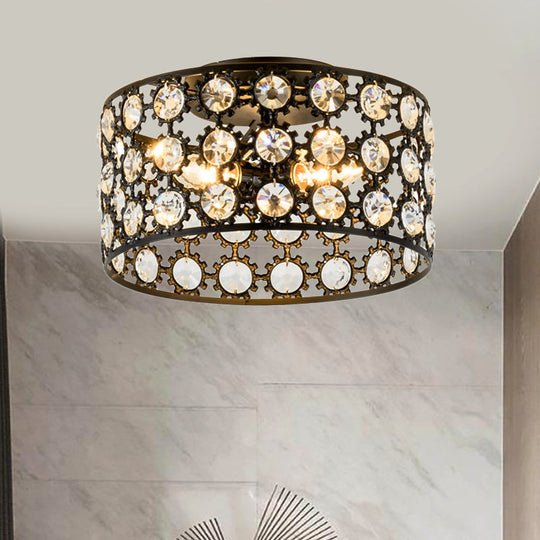 Contemporary 3-Light Metal and Crystal Flush Mount Ceiling Light (Black Cylinder Design)