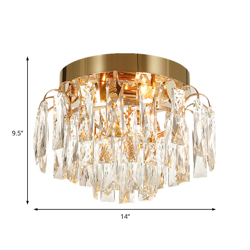 Modern Round Flush Mount Light With Clear Crystal Prism Chrome/Gold Finish 2 Lights