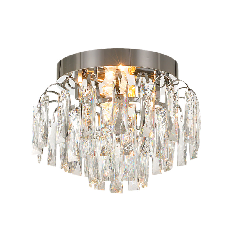 Modern Round Flush Mount Light With Clear Crystal Prism Chrome/Gold Finish 2 Lights