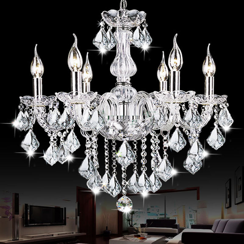 Contemporary Clear Glass Candelabra Chandelier 6 Lights With Crystal Accent Ideal For Living Room