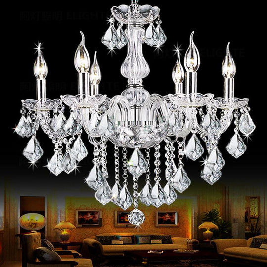 Contemporary Clear Glass Candelabra Chandelier 6 Lights With Crystal Accent Ideal For Living Room