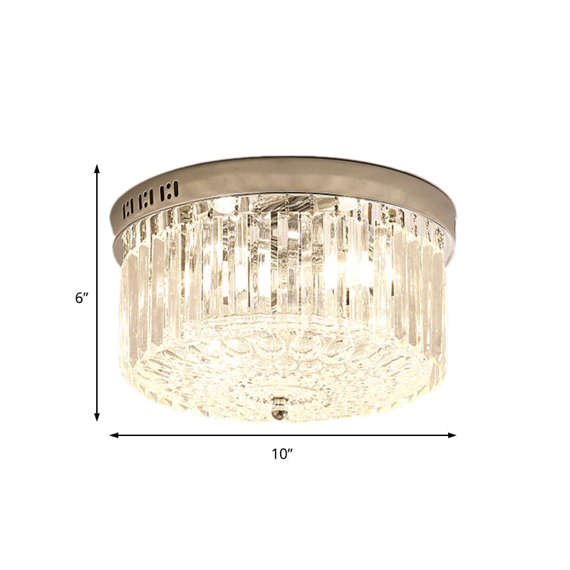 Modern Chrome Drum Flush Light Fixture With 3 Rectangular-Cut Crystal Lights For Bedroom - 10/14