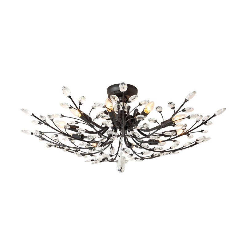 Black Crystal Leaf Semi Flush Mount Light - Modern Metal Ceiling Fixture with 6/8/10 Lights