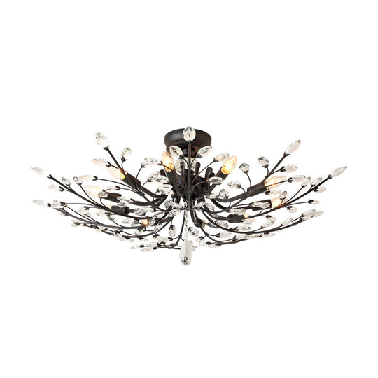 Black Crystal Leaf Semi Flush Mount Light - Modern Metal Ceiling Fixture With 6/8/10 Lights