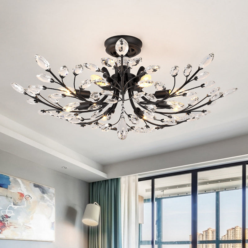 Black Crystal Leaf Semi Flush Mount Light - Modern Metal Ceiling Fixture with 6/8/10 Lights