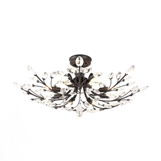 Black Crystal Leaf Semi Flush Mount Light - Modern Metal Ceiling Fixture with 6/8/10 Lights