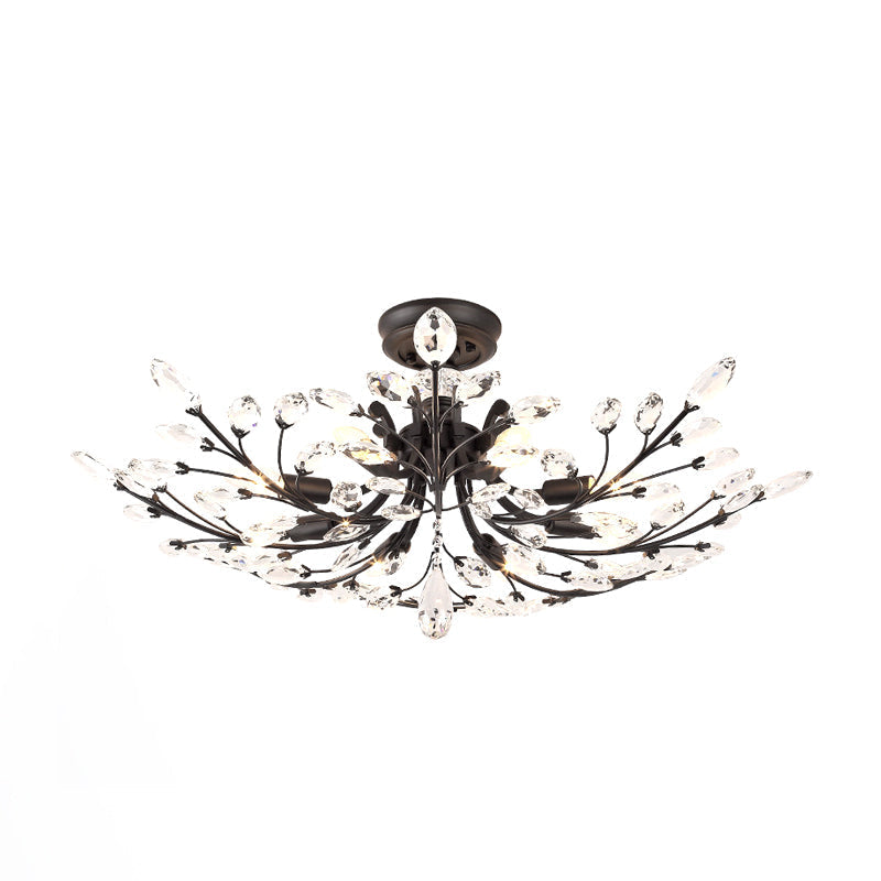 Black Crystal Leaf Semi Flush Mount Light - Modern Metal Ceiling Fixture With 6/8/10 Lights 8 /