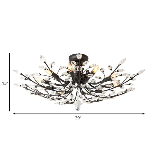 Black Crystal Leaf Semi Flush Mount Light - Modern Metal Ceiling Fixture with 6/8/10 Lights