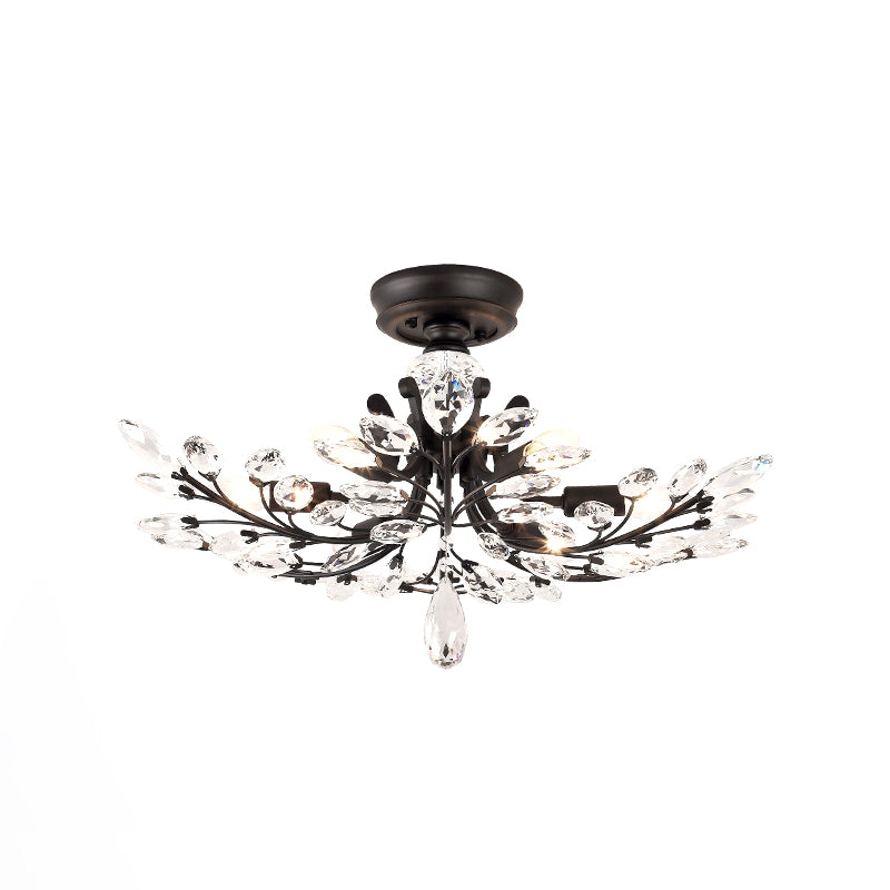 Black Crystal Leaf Semi Flush Mount Light - Modern Metal Ceiling Fixture with 6/8/10 Lights