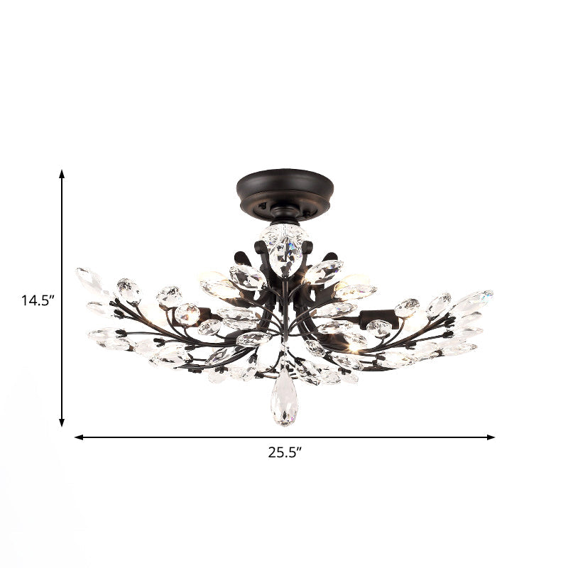 Black Crystal Leaf Semi Flush Mount Light - Modern Metal Ceiling Fixture with 6/8/10 Lights