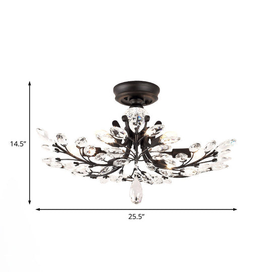 Black Crystal Leaf Semi Flush Mount Light - Modern Metal Ceiling Fixture with 6/8/10 Lights