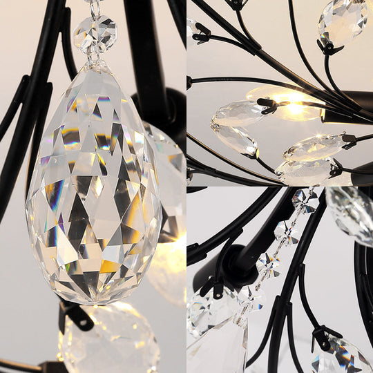 Black Crystal Leaf Semi Flush Mount Light - Modern Metal Ceiling Fixture With 6/8/10 Lights