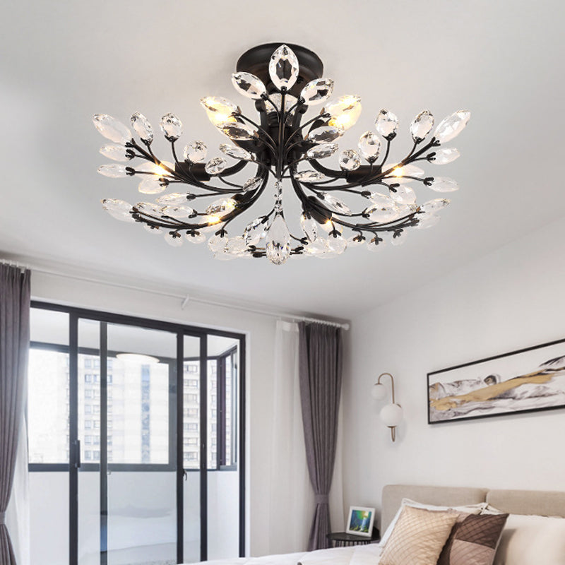 Black Crystal Leaf Semi Flush Mount Light - Modern Metal Ceiling Fixture with 6/8/10 Lights